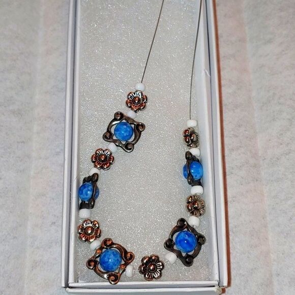Handmade Necklace Blue Round Glass beads in Metal square frame - Picture 1 of 1